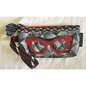 Red Glitter Horn Rimmed Glasses Silk Up cycled Necktie Glasses Case - Spec Alert